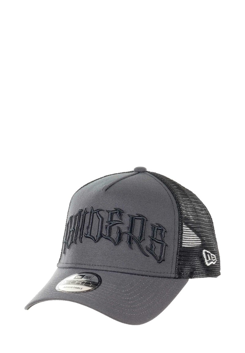 Gray baseball cap with a curved brim, featuring embroidered black lettering on the front and a mesh back for ventilation.