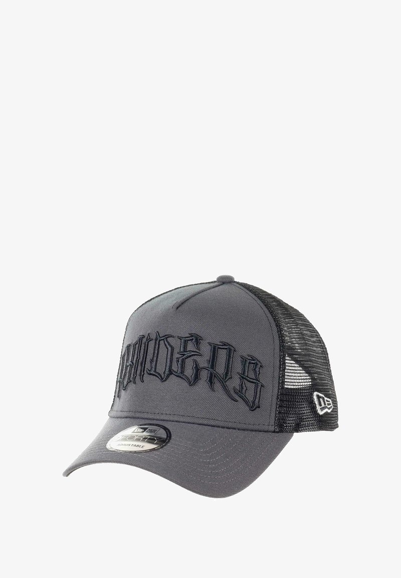 Gray baseball cap with a curved brim, featuring embroidered black lettering on the front and a mesh back for ventilation.