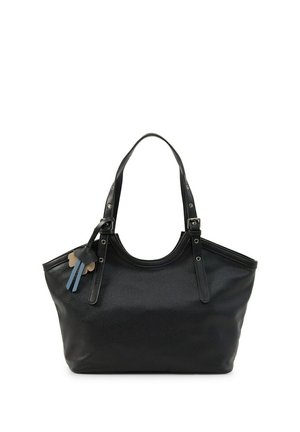 Sac cabas en cuir texturé noir avec double poignée et pampilles décoratives en cuir suspendues en noir, beige et bleu.