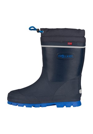 Navy blue children's rain boot with blue sole, drawstring top, "TROLLKIDS" logo, and small Norwegian flag on the upper side.