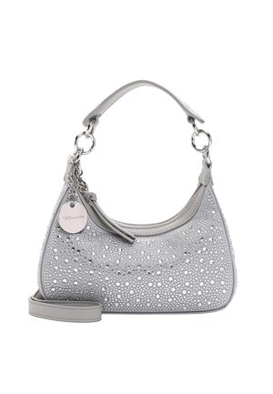 Gray handbag with rounded shape, decorated with small silver studs, short handle with metal rings, zipper closure, and a branded metal tag.
