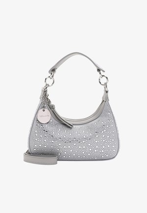 Borsa grigia con forma arrotondata, decorata con piccole borchie d'argento, manico corto con anelli in metallo, chiusura con zip e targhetta metallica con marchio.