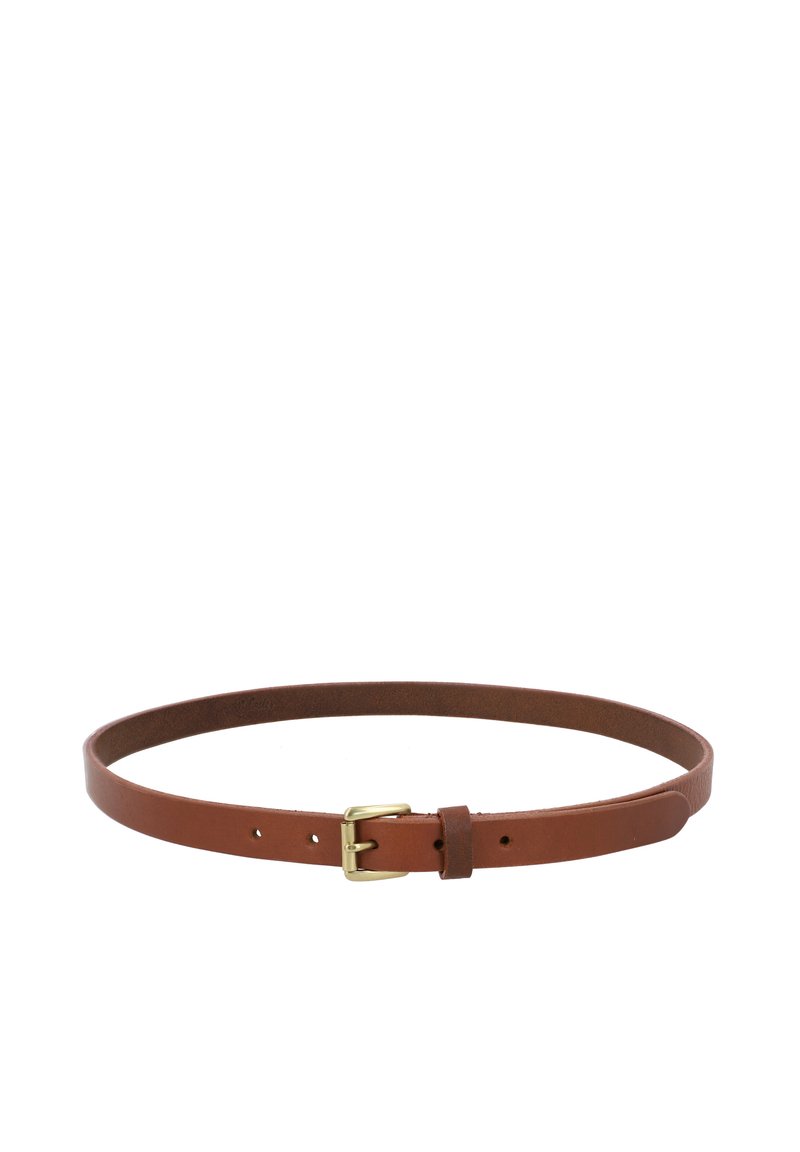 Brown leather belt with a smooth texture, metal buckle, and several holes for adjustable fitting; simple design with no additional patterns.