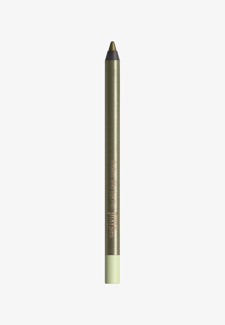 Dunne metalen groene eyelinerpotlood met een zwarte punt en lichtgroene basis met label "Endless Silky Eye Pen Pixi Petra."