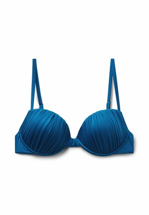 Soutien-gorge rembourré bleu avec détail en tissu froncé et bretelles réglables sur fond blanc.