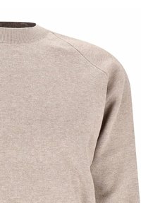 Beige Pullover mit strukturiertem Strick, rundem Halsausschnitt und Raglanärmeln. Der Stoff wirkt weich und leicht, ideal für die Freizeit.