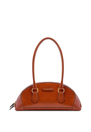 Brown leather semi-circular handbag with double handles, gold rings, zipper on the side, and a small front label.
