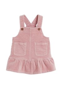 Rosa Kordkleid mit verstellbaren Trägern, Holzknöpfen, zwei Fronttaschen und einem rüschierten Saum. Textiles Material mit vertikalen Rillen.
