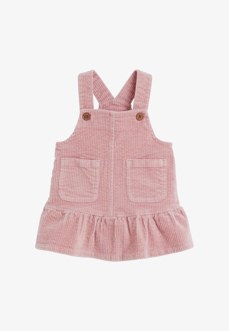 Robe en velours côtelé rose avec bretelles réglables, boutons en bois, deux poches avant et un ourlet volanté. Tissu texturé avec des rayures verticales.