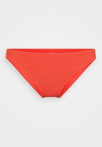 Rdeče bikini spodnje hlače iz rebraste tkanine. Opremljene so z nizkim pasom in elastičnim pasom. Gladka tekstura z minimalnim šivnim detajlom.