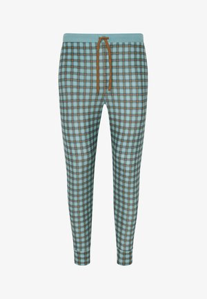 Joggers de cuadros en azul claro con detalles en marrón, cinturilla elástica y cordón ajustable. Presentan un patrón en forma de cuadrícula y un diseño estrecho en los tobillos.