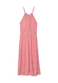 Ärmeloses Kleid mit floralem Druck in Rosa und Weiß, mit gerafftem Ausschnitt und fließendem Rock. Leichter Stoff mit lockerer Passform.
