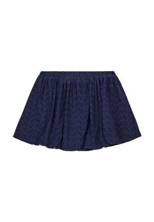 Minigonna blu navy arricciata con delicato motivo floreale a occhielli e vita elastica, distesa su sfondo bianco.