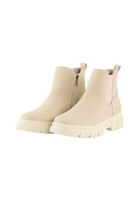 Beige enkelboots met een gladde synthetische bovenkant, zijrits, treklip en stevige rubberen zool met een gestructureerd loopvlakpatroon.