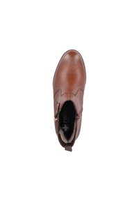 Bottines marron en cuir lisse, dotées d'une fermeture éclair sur le côté et d'une doublure douce et texturée. Comprend des détails de couture subtils et un bout arrondi.