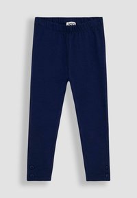 Marineblauwe leggings in een zachte, rekbare stof met een elastische tailleband en twee knoopaccenten aan de zoom. Glad textuur overal.