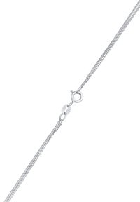 Collana in argento con design a maglia flessibile, dotata di un gancetto a molla rotondo e di un piccolo tag contrassegnato "925". Evidenzia una texture liscia e luminosa.