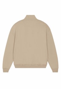 Pull beige avec un col montant, des manches longues, et des poignets et un ourlet côtelés. Tissu doux et design minimaliste.