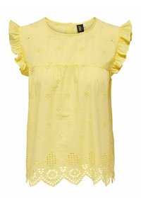 Blusa di cotone gialla con maniche corte a volant, caratterizzata da ricami floreali a giorno e orlo scallop.