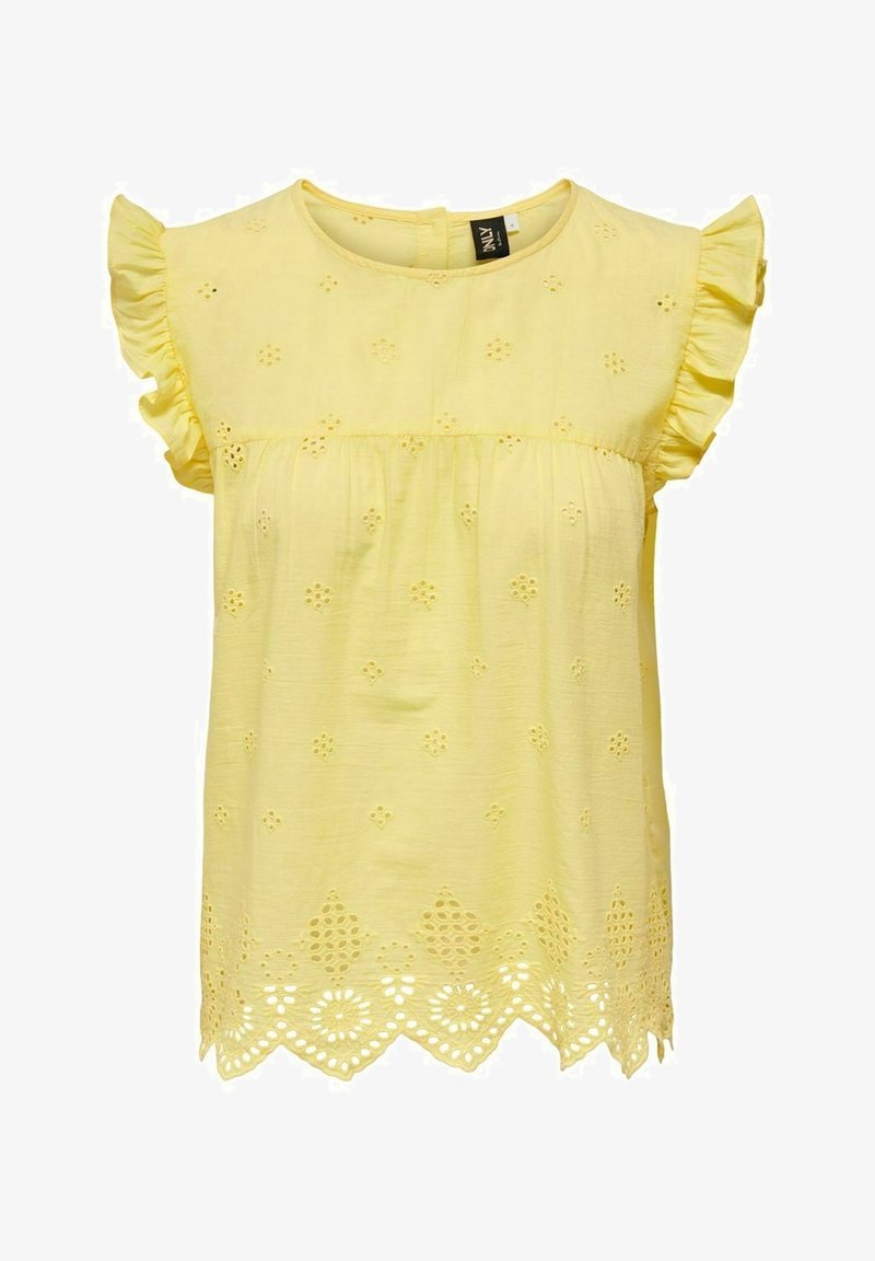 Blusa di cotone gialla con maniche corte a volant, caratterizzata da ricami floreali a giorno e orlo scallop.