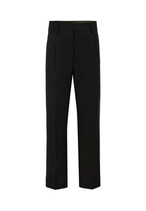 Pantalon noir à jambes droites avec passants de ceinture et un pli sur le devant, conçu pour un ajustement ajusté.