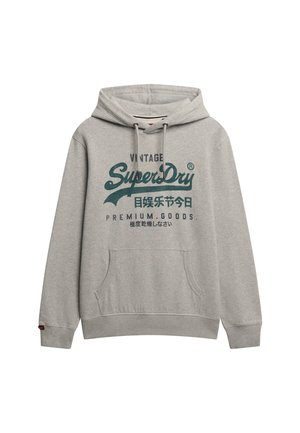 Grijze hoodie van een katoenmix, met een voorzak in kangoeroestijl, verstelbare trekdraden en een vintage groene tekstprint op de voorkant.