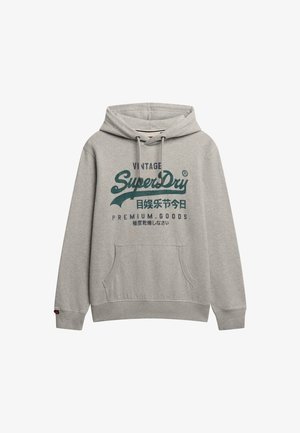 Grijze hoodie van een katoenmix, met een voorzak in kangoeroestijl, verstelbare trekdraden en een vintage groene tekstprint op de voorkant.