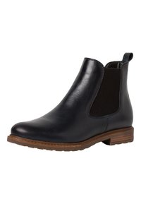 Stivaletto in pelle di un elegante blu scuro con pannelli laterali in elastico, punta arrotondata e suola marrone testurizzata. Presenta un tassello per una facile calzata.