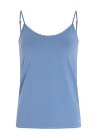 Débardeur sans manches bleu clair en tissu doux, avec des bretelles fines et une coupe décontractée, doté d'une texture lisse et sans motifs visibles.