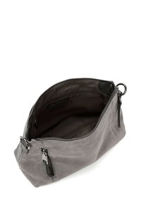 Gray suede handbag with a zip closure, elongated shape, and textured surface. Interior features a pocket and smooth lining.