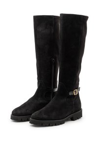 Schwarze kniehohe Stiefel aus Wildleder mit flacher Sohle, Reißverschluss an der Seite und einer kleinen Schnalle am Knöchel. Glatte Textur und schlankes Design.