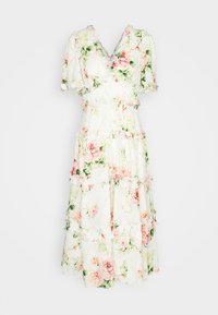 Robe midi fleurie blanche avec des motifs de roses roses et vertes, manches courtes à volants, col en V, et détails à volants superposés sur toute la robe.