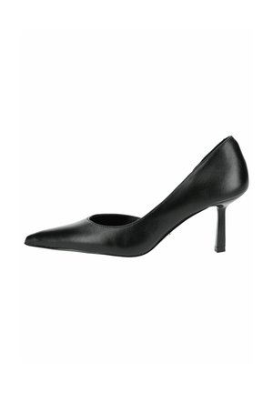 Schwarzer Lederschuh mit spitz zulaufender Zehenpartie und schlankem Stiletto-Absatz, seitlich auf weißem Hintergrund dargestellt.