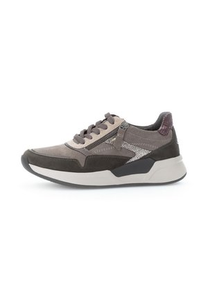 Grey suede sneakers with a textured design. Features include a white midsole, dark rubber outsole, and a zip accent on the side.