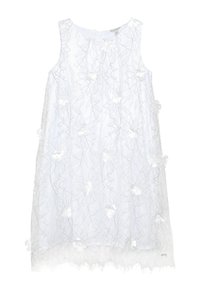 Bílé šaty bez rukávů s květinovou krajkovou vrstvou, zdobené texturovanými květinovými aplikacemi a třásňovým lemem. Kulatý výstřih, splývavý střih.