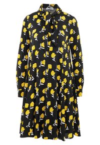Svart klänning med gult blommönster, med knytning vid halsen, långa ärmar och utställd nederkant för en avslappnad passform.