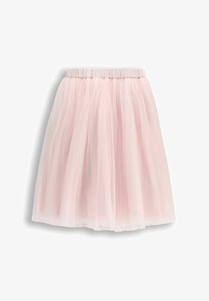 Różowa tiulowa spódnica o miękkiej, lekkiej fakturze, z marszczonym elastycznym paskiem w talii oraz warstwowym, pełnym kroju.