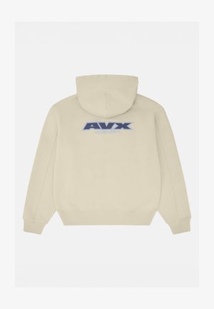Beżowa bawełniana bluza z kapturem, z regulowanym sznurkiem, z niebieskim haftowanym logiem "AVX" oraz napisem "AVIREX DEPT." na plecach. Gładka tekstura.