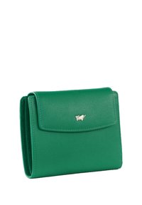 Portafoglio verde in pelle con finitura testurizzata, forma rettangolare e un accento in logo argento sulla patta anteriore. Design compatto con chiusura a scatto.