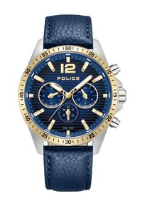 Modré kožené hodinky na pásku so strieborným nehrdzavejúcim oceľovým puzdrom, zlatými akcentmi a texturovaným námorníckym ciferníkom s duálnymi subciferníkmi.