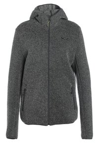 Szara, zapinana na zamek bluza z kapturem, z teksturowanym wzorem dzianiny, dopasowanym kapturem i zasuwanymi kieszeniami bocznymi. Akcentowana czarnymi wykończeniami i detalem logo.