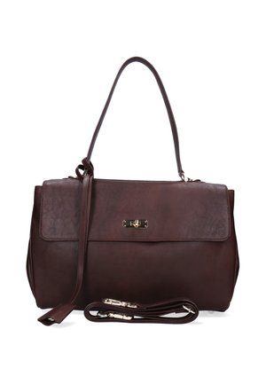 Mørkebrun læderhåndtaske med øverste håndtag, klaplukning med lås i guldton og aftagelig skulderrem placeret foran.