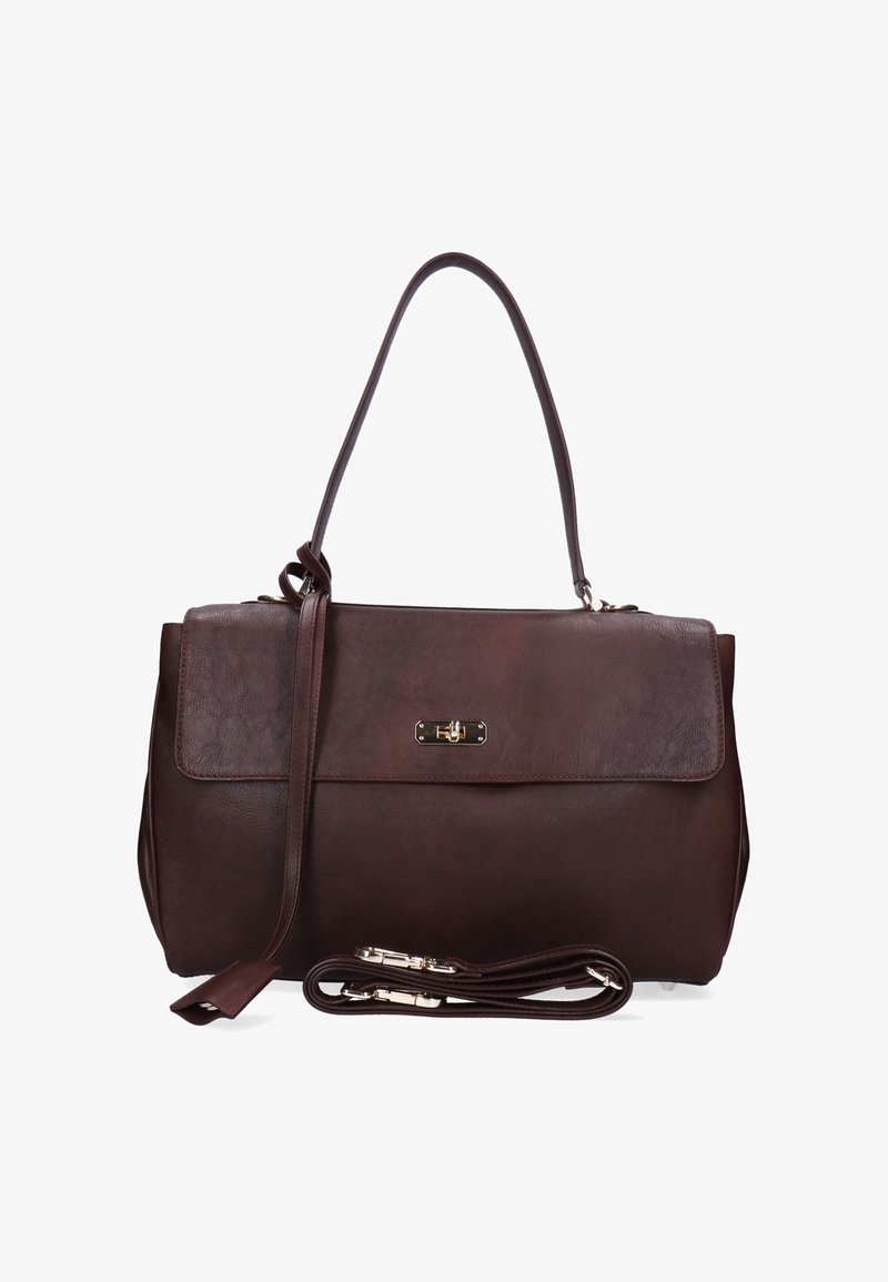 Bolso de mano de cuero marrón oscuro con asa superior, cierre de solapa con broche de tono dorado y correa para el hombro desmontable colocado en el frente.