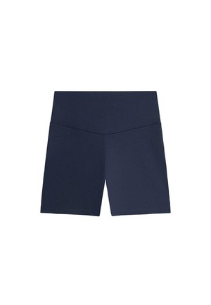 Sötétkék magas derekú biciklis nadrág sima, varrás nélküli derékrésszel és a comb középig érő hosszúsággal.