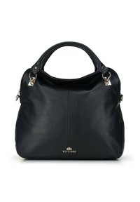 Black leather handbag with textured finish, dual short handles, silver hardware accents, and brand logo on the front. Rounded shape.