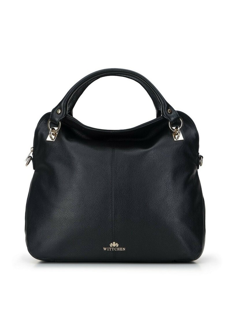 Black leather handbag with textured finish, dual short handles, silver hardware accents, and brand logo on the front. Rounded shape.