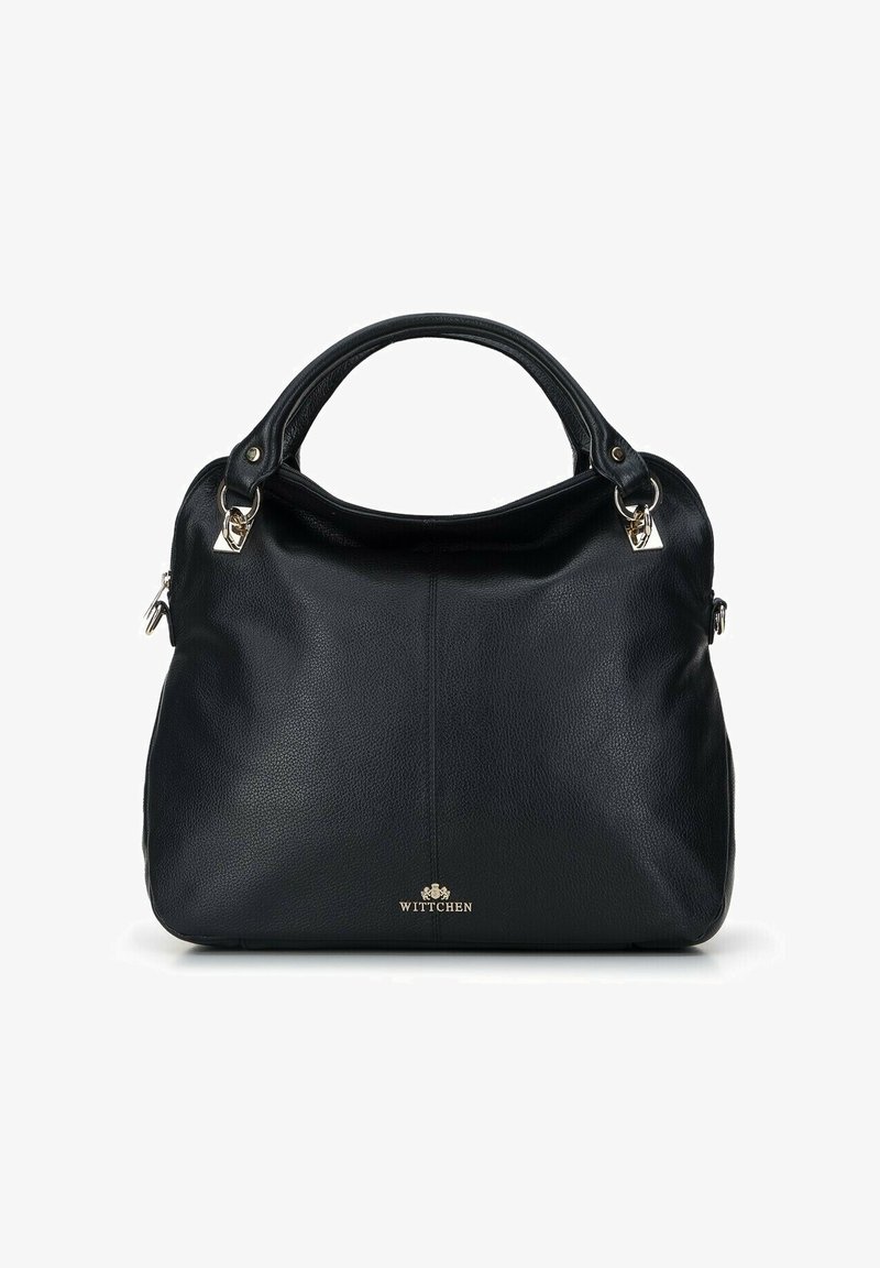 Black leather handbag with textured finish, dual short handles, silver hardware accents, and brand logo on the front. Rounded shape.