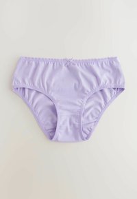 Lavender cotton women's briefs with a small bow at the waistband, elastic trim, and a smooth, soft texture on a neutral background.