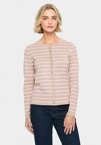 Lätt beige cardigan med rosa ränder, rund halsringning och knäppning framtill. Långa ärmar och mjuk textur.