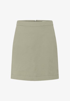 Khaki bawełniana mini spódnica o prostym kroju, z zamkiem z tyłu, czystą linią hem oraz bez widocznych wzorów czy dodatków metalowych.